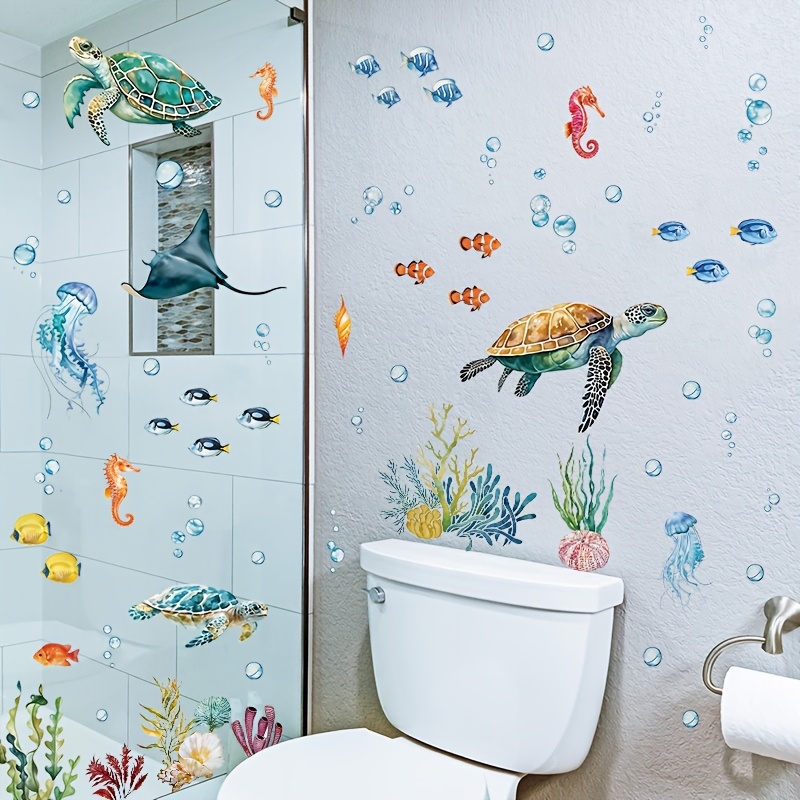 Image of 65pcs Of Marine Underwater Life Walls, With Turtle, Fish And Coral Patterns, Underwater Viewing, Suitable For Bathroom, Living Room And Room Wall Decoration Decals. And And . Ocean Theme