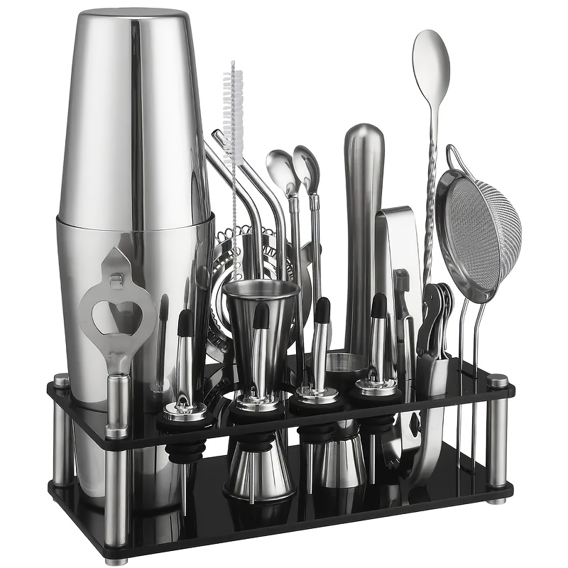 juego de 6 piezas de licuadora de cocteles profesional de acero inoxidable con soporte - kit completo de bartender que   tazas de medición, cuchara de mezclador, vertedores y más para bares y restaurantes en casa, estante de almacenamiento desmontable,   de hielo, mezclador de bebidas, esenciales de fiesta, juego de herramientas portátiles para bares