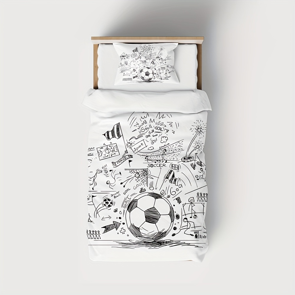 Image of 3pcs Hand Drawn Style Drawn Sketch Soccer Flag Team Sports Duvet Cover For Boys Teens Men (1 Duvet Cover And 2 Pillowcases)