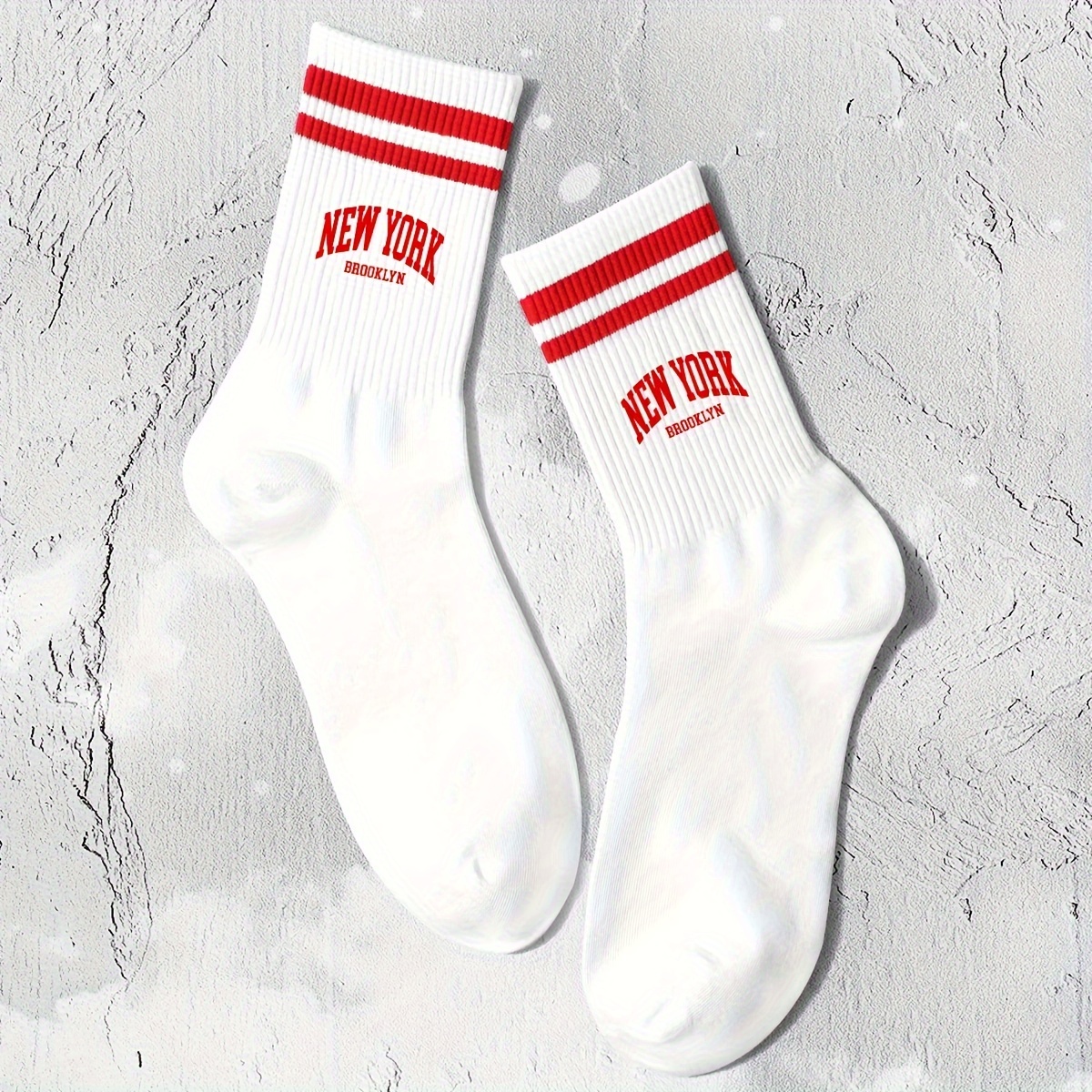 Image of 1 Pair Of Women's Mid-calf Socks With "" Lettering And Double Stripes, Anti-odor, Sweat-absorbent, Casual, Trendy, Versatile, And Sporty Crew Socks, Suitable For Daily Wear
