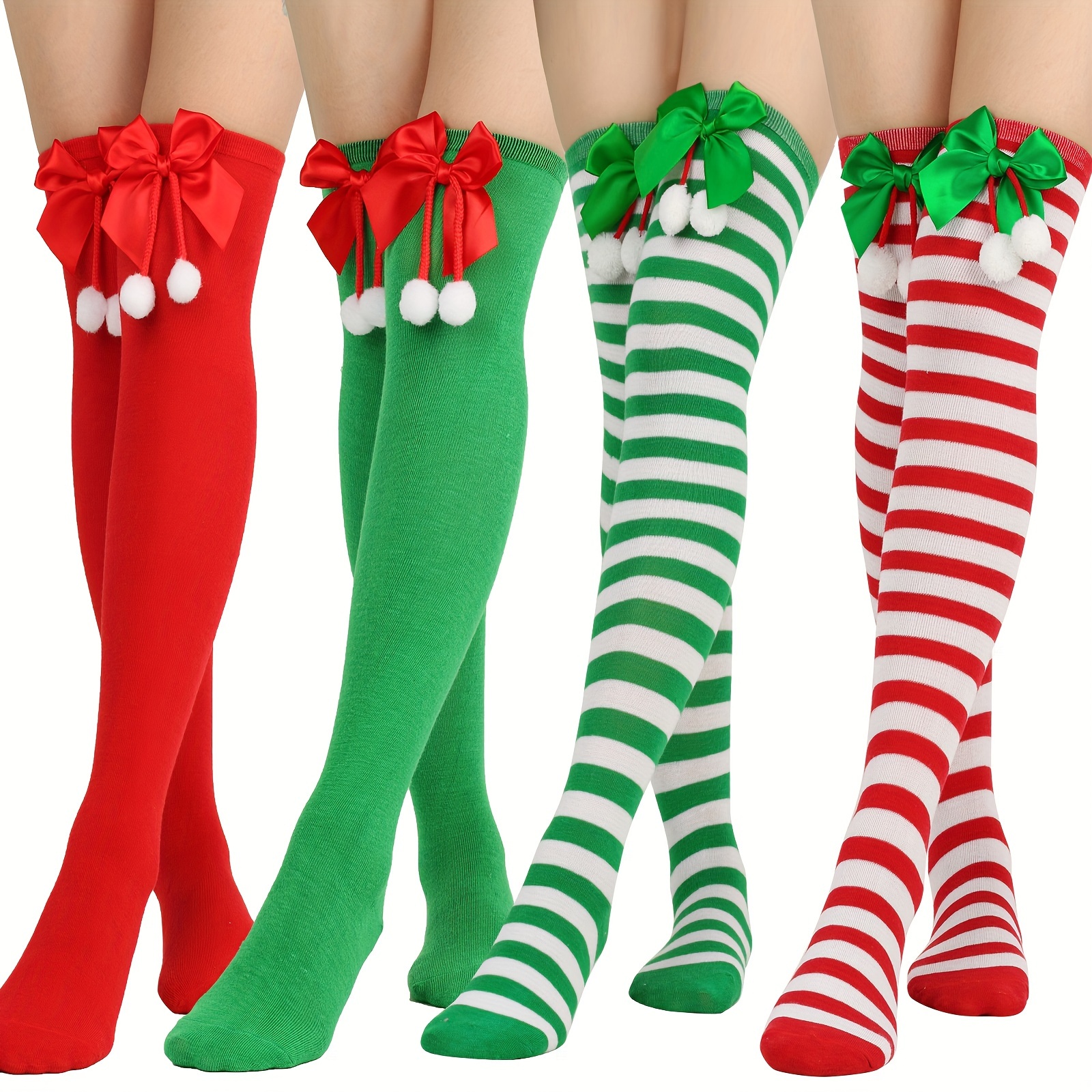 

Christmas Striped Knee-high Socks With Bow And Pom-poms - Holiday Parties Or Role Play