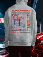bluza z kapturem dla mężczyzn z nadrukiem - szara, długi rękaw, pulower z motywem kwiatów wiśni i japońskim tekstem, casualowa odzież uliczna na jesień/zimę, odzież jesienno-zimowa | bluza z grafiką na tyłku | dekoracja japońskim tekstem