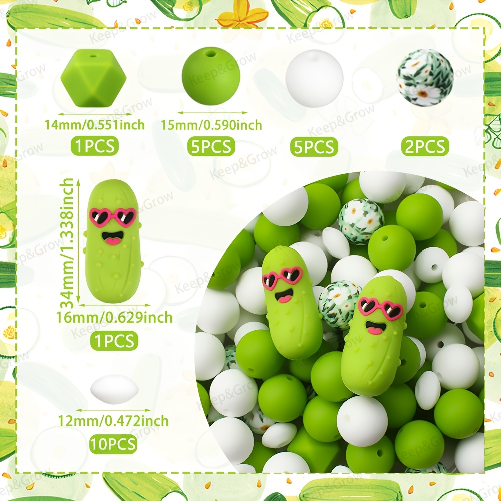 TEMU 24pcs 3d Silicone Beads Theme, Jewelry Making, Green Floral Printed Beads With Glasses-wearing Cucumber Design, 3d Epoxy Resin Beads For Diy