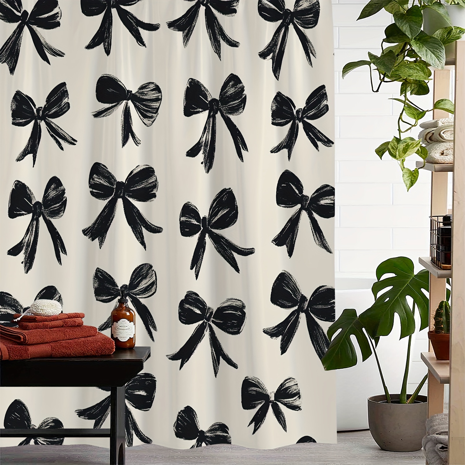 

Black Bowknot Print Waterproof Shower Curtain With 12 Hooks - Machine Washable, Water-resistant Polyester, Woven Fabric, Artistic Design, Unlined For All Seasons