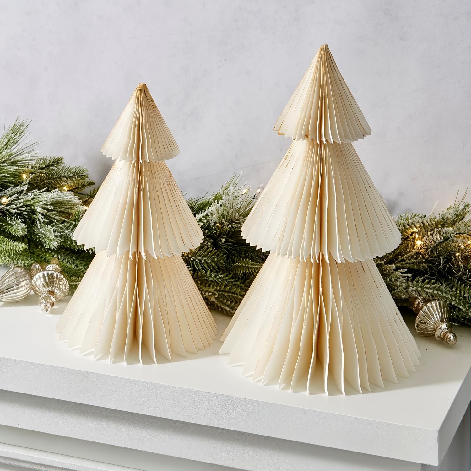 TEMU Paper Christmas Tree Decoration, 2pcs Set Of Honeycomb Paper Trees, 6 And 8 Inches, White And Edges, Holiday Table Centerpiece, Christmas Table