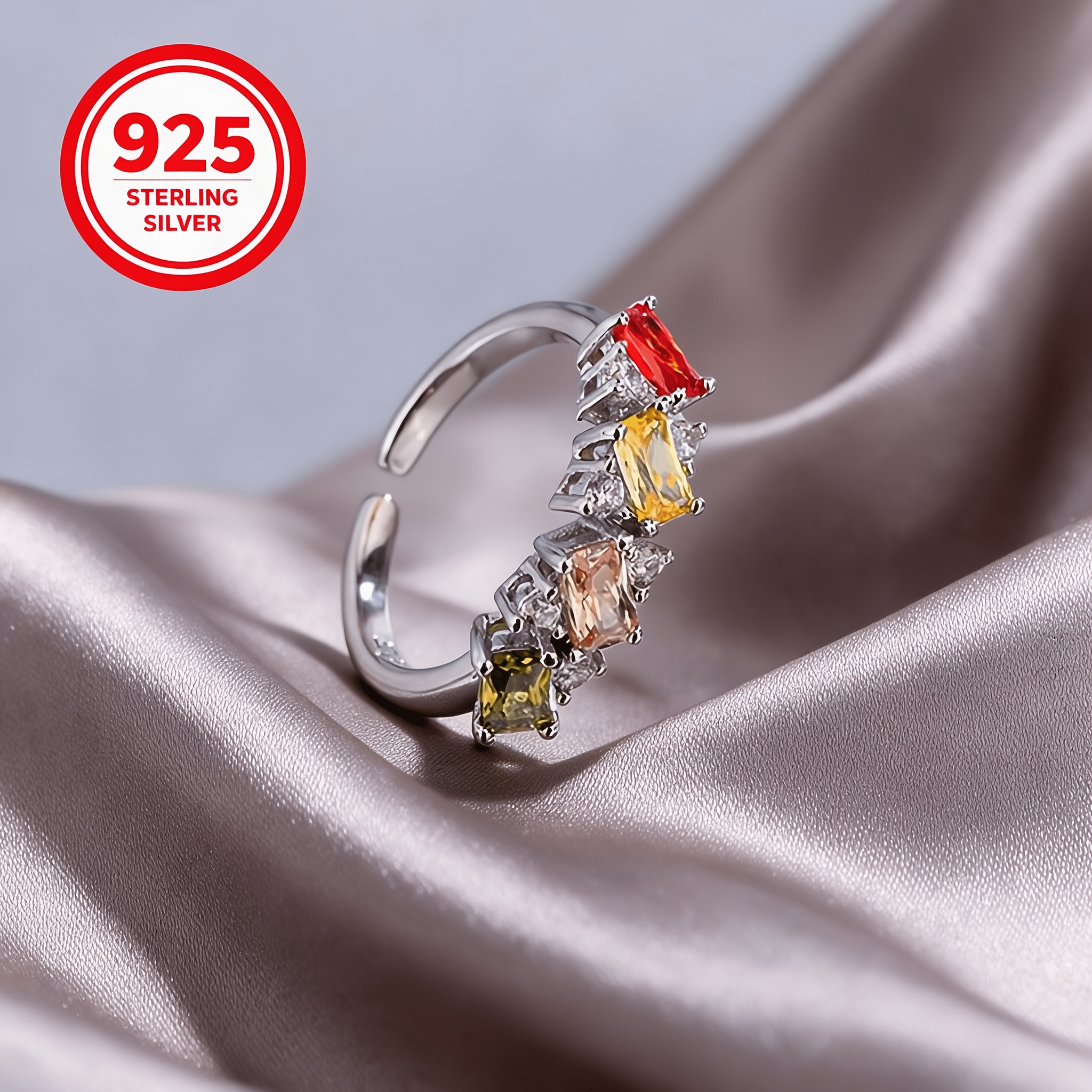 Women's 925 Silver Adjustable Colorful Square Ring