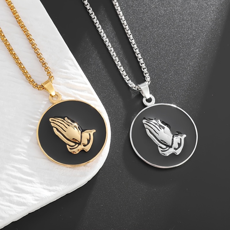 

2-piece Set Of Simple Niche Fashion Stainless Steel Praying Hands Coin Badge Pendant Necklace For Men And Women Fashion Amulet Jewelry Holiday Gift