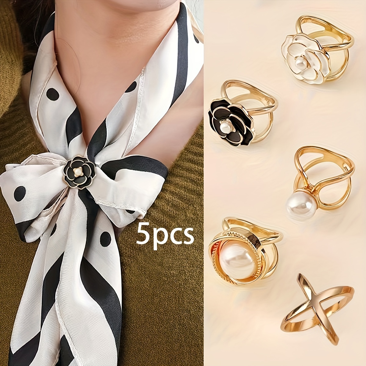 

5pcs Set Women' Golden Simple Ring Silky Scarf Buckles Coat Scarf Fixed Buckles