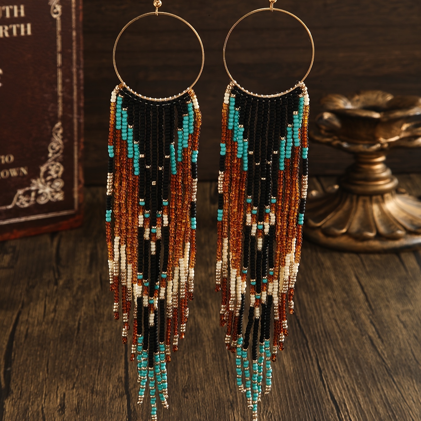 E-shop Reine handgefertigte Perlenohrringe, Bohemian Style Ohrringe, Vintage Kreis Schwarz Braun Grün Farbblock Tassel Drop Ohrringe, Damenmode