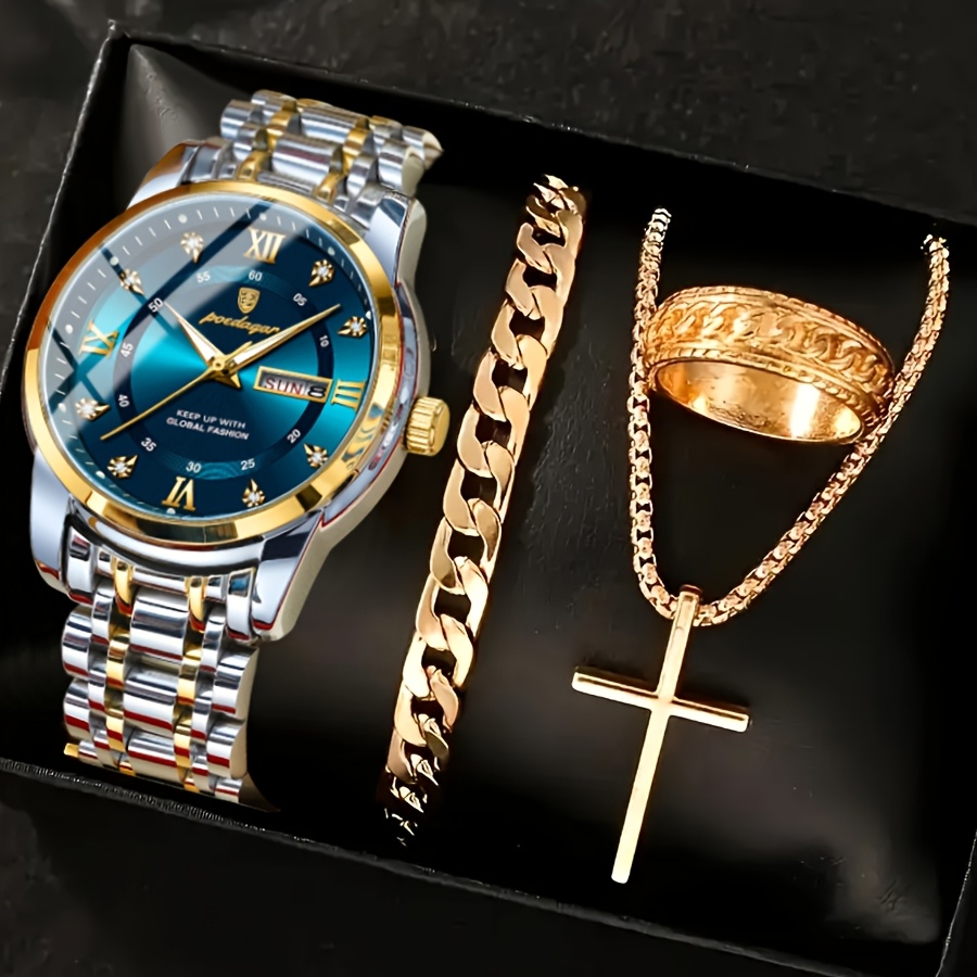 4pcs   business and leisure 4pcs mens watch set   and low profile mens watch date round watch   luxury mens watch waterproof and durable stainless steel quartz watch