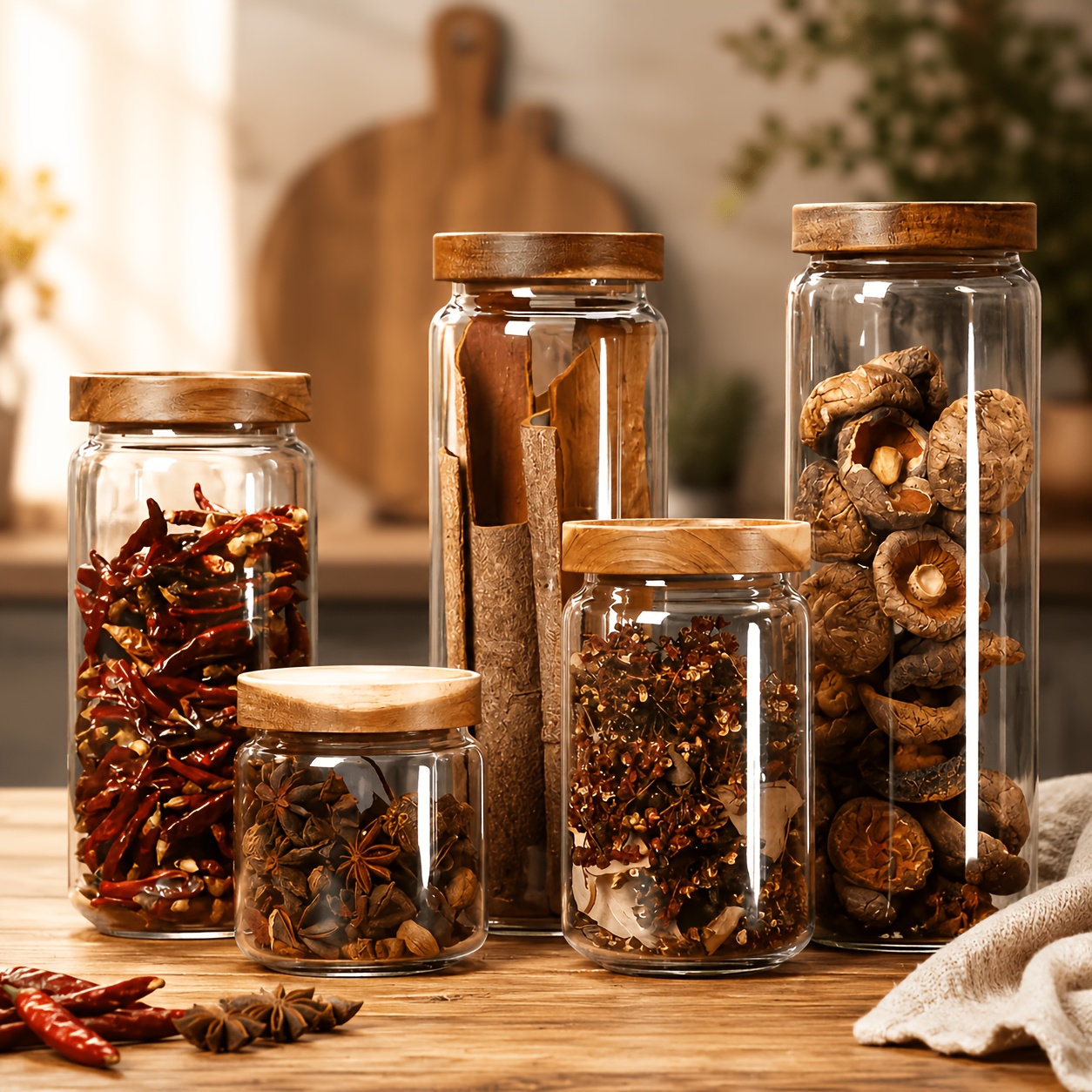 TEMU Lot de 5 bocaux de conservation en verre avec couvercles en bois naturel, boîtes de cuisine hermétiques, récipients alimentaires transparents