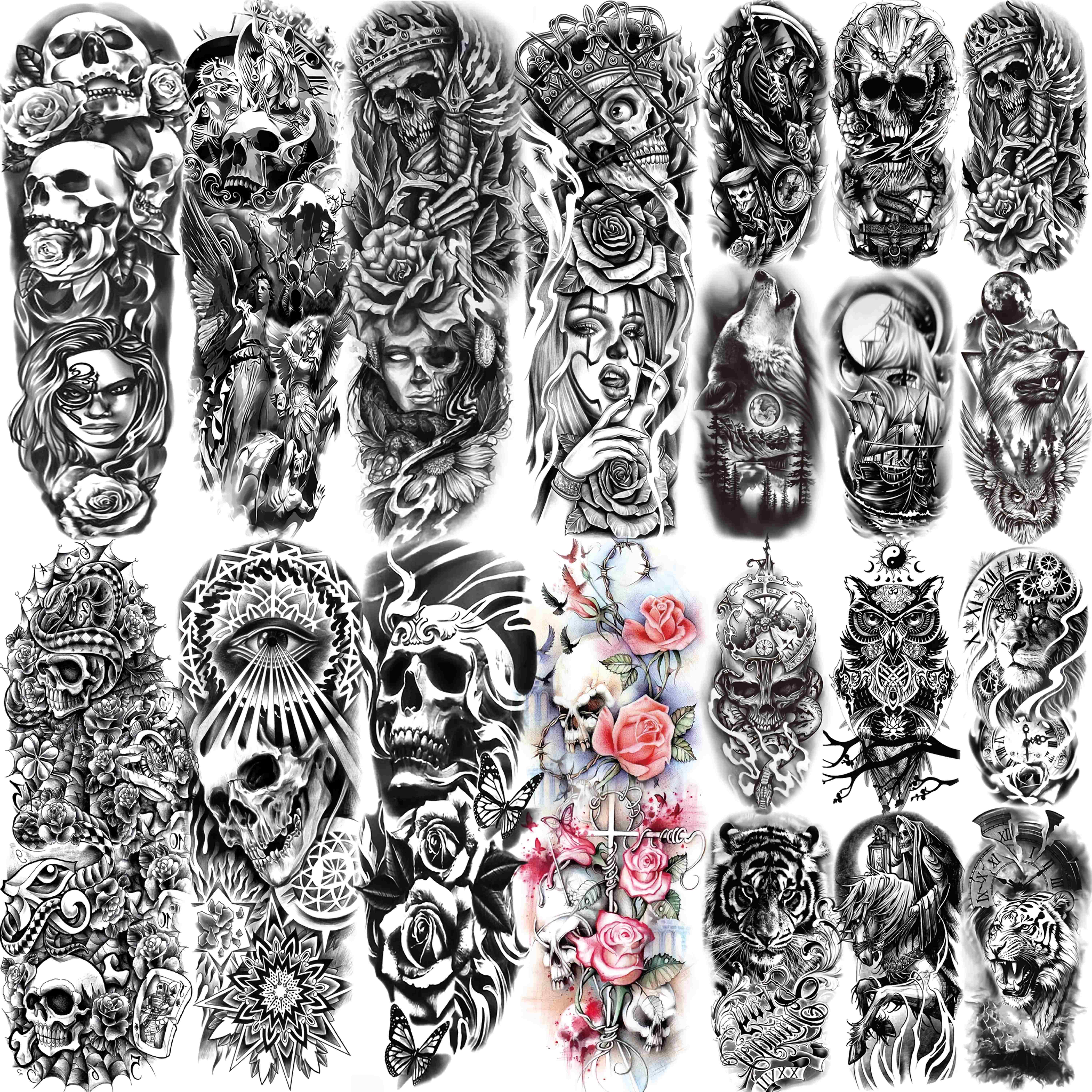 20 sheets temporary tattoos full arm leg body art with gothic skull roses clock eyes waterproof long lasting   tattoos for halloween costume parties   application removal bulk tattoo stickers for adults men women party body   temporary art realistic light beige match festival accessories   decals  