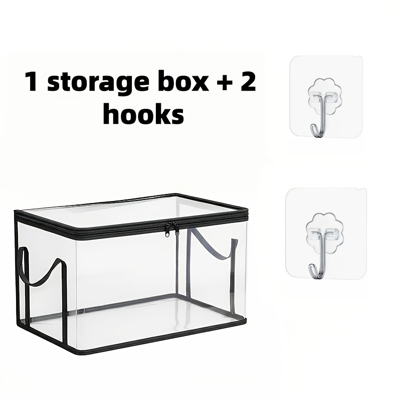TEMU Grand bac de rangement en plastique épais et transparent avec couvercle à charnière et 2 crochets – Organisateur encombrant pour livres,