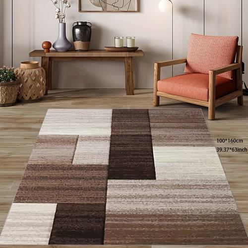Brown Color Block Spliced Decorative Carpet, Living Room Bedroom Faux Cashmere Area Rug, Non-slip Soft Washable Office Carpet, Home And Outdoor Carpet, Indoor And Outdoor Can Be Used