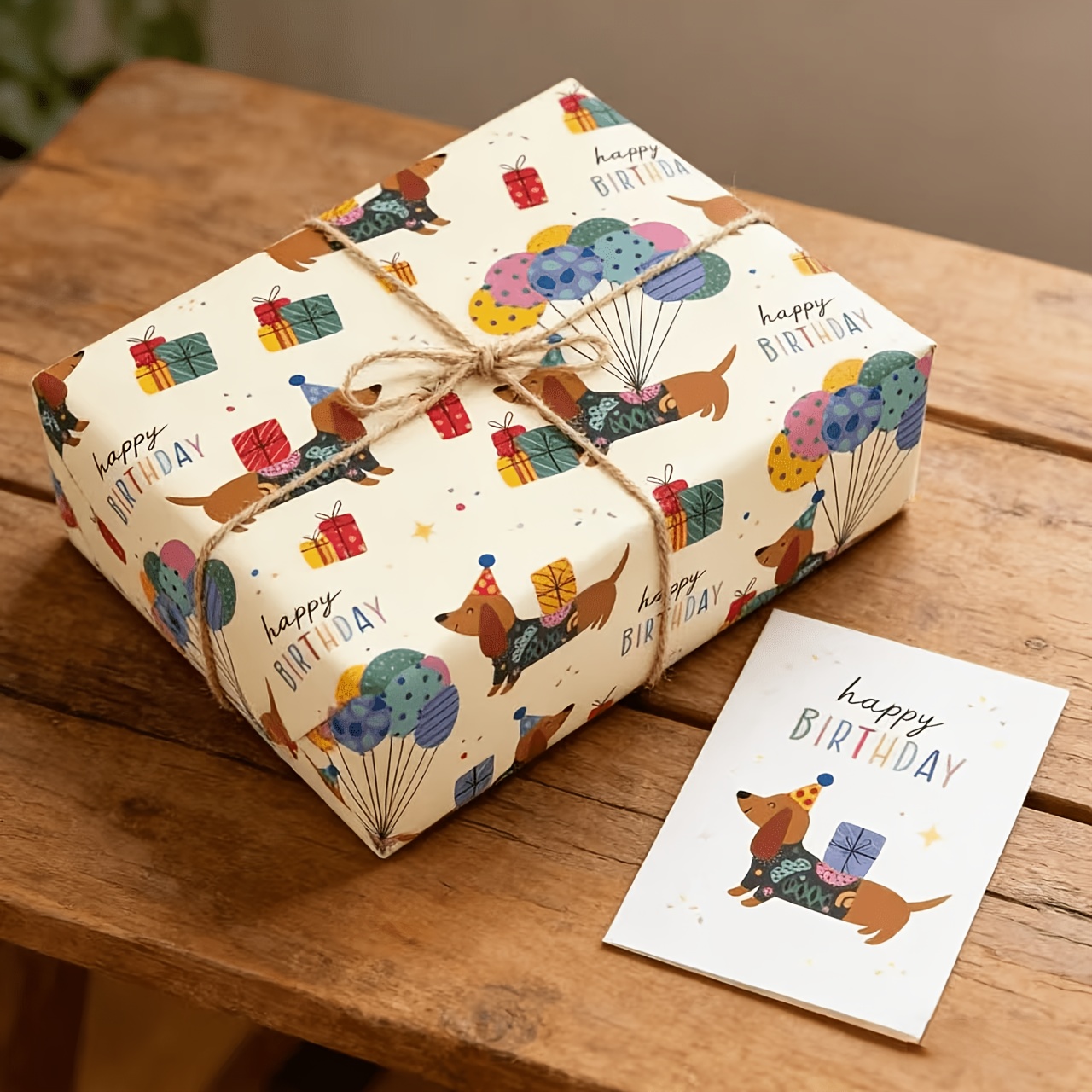 Image of 1 Roll Of 118.11" X 16.93" Cartoon Dachshund Birthday Wrapping Paper, Colorful Balloon Gift Wrap, Children's Party Gift Decoration