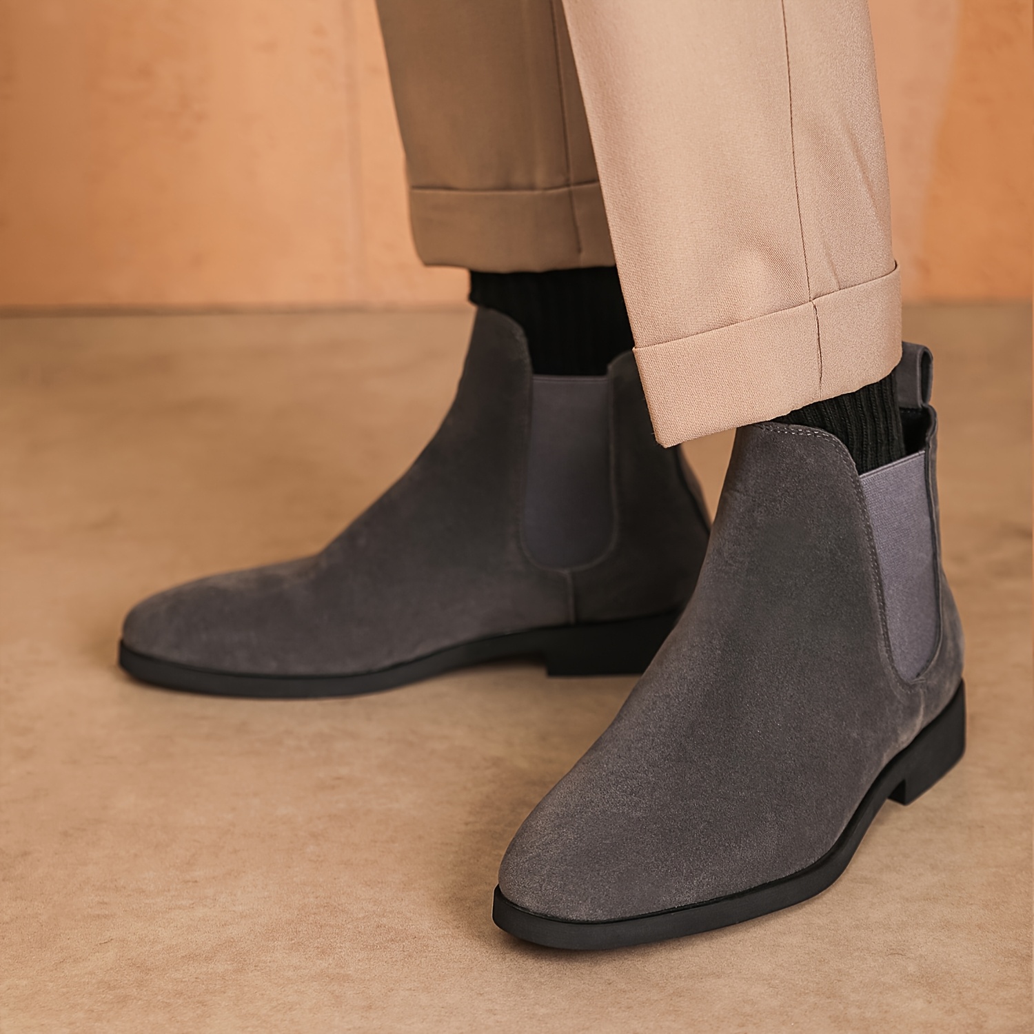 Men'S Classic Square Toe Chelsea Boots - All-Season Faux Ankle Dress Boots with Elastic Slip-On Closure, Solid Color, Rubber Sole, Fabric Lining for Daily & Business Wear