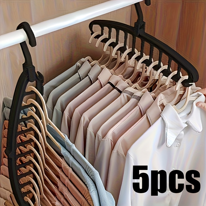5pcs Black Plastic Hangers With Multi-hook Design - Space- Wardrobe Organizer For Home And Travel, Durable And Lightweight, Ideal For Neat Storage And Clothes Hanging