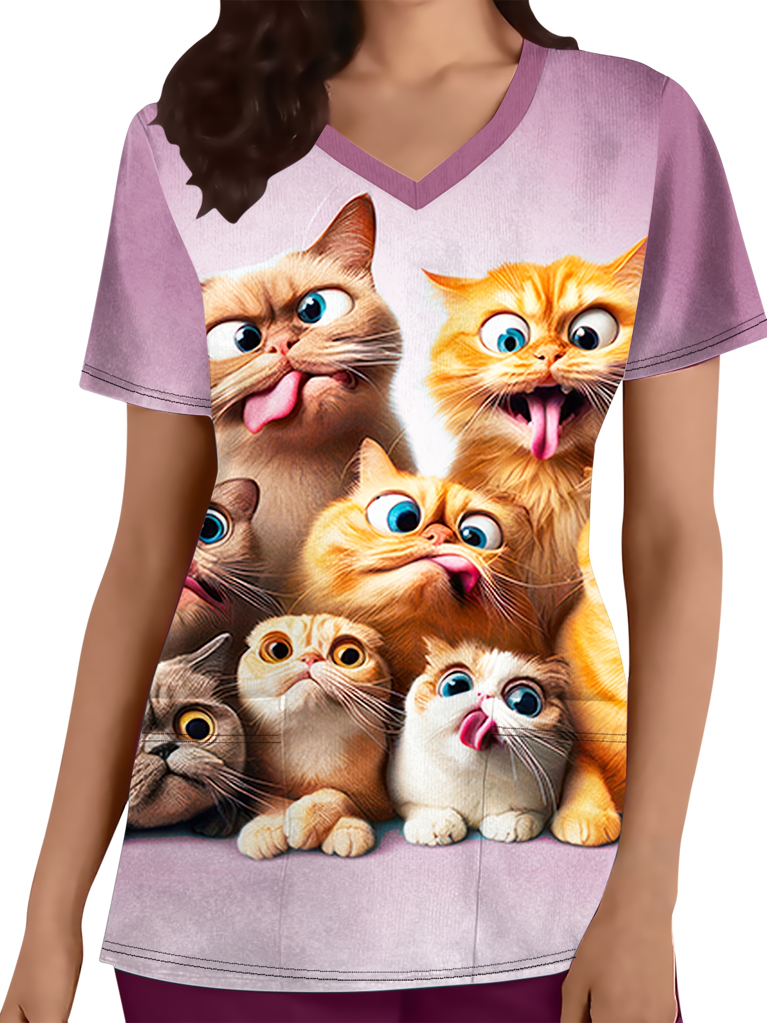 Cute Cat Scrubs PopScrub Cute Cat Letter Graffiti Cartoon Print Women's Nurse Scrub Top,  Spring/Summer Fashion V-Neck Short Sleeve Double Pocket Side Slit Workwear  School Work SHEIN UK main image 2