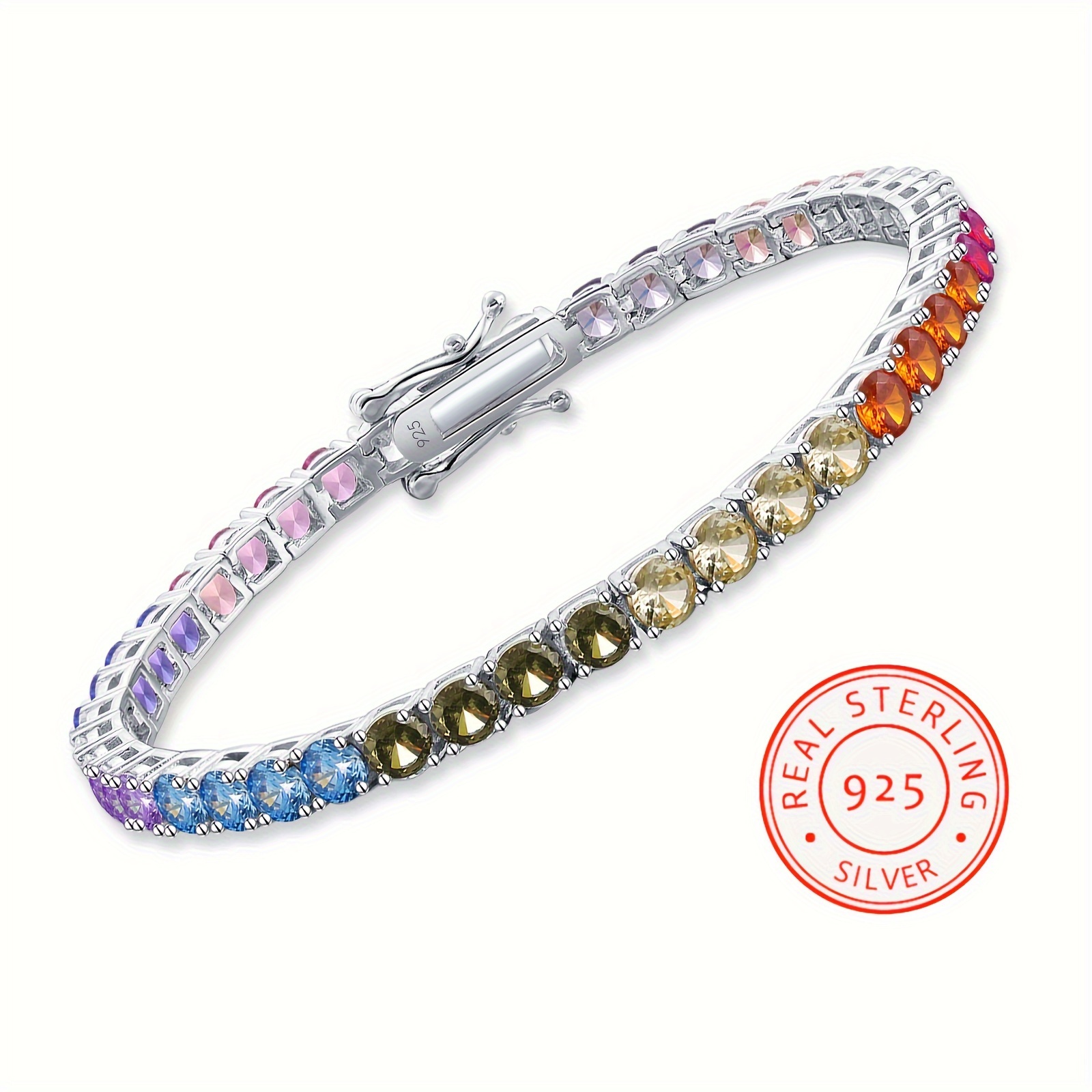 

Luxurious Tennis Chain Bracelet With 1 Piece Of 14.5g 925 Silver, Fully Set With 4mm Aaaa -colored Multi-color Super Sparkling Zirconia Stones.