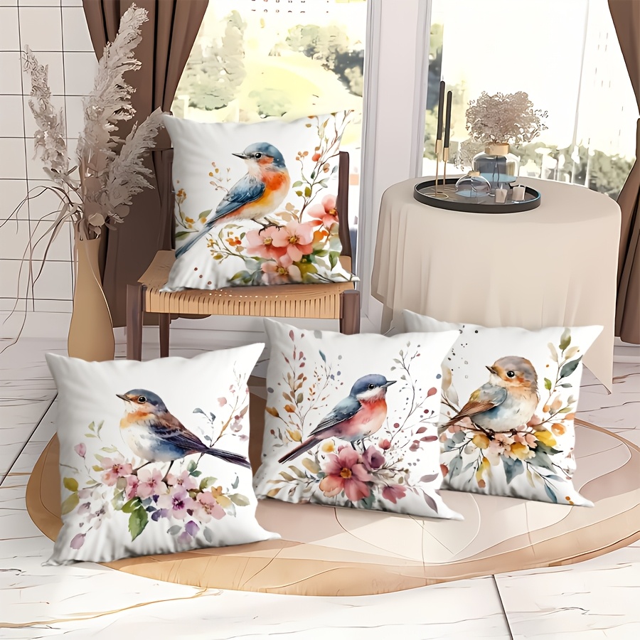 

4pcs, Lovely Birds , Modern Wind Pillow Case, Velvet Single-sided Printing Technology, Spring And Autumn Models, Suitable For Home Decoration Living Room Sofa Bedroom Cushion Cover, Without .