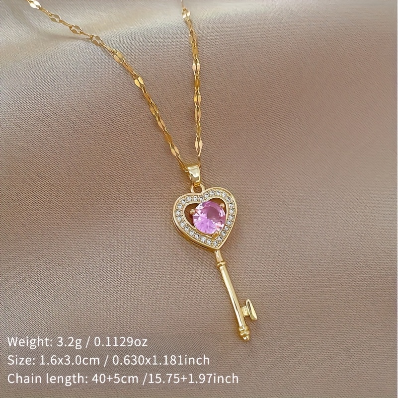 Image of Heart Key Pendant Necklace - Luxury Elegant Collar Chain - Trendy Jewelry For Women