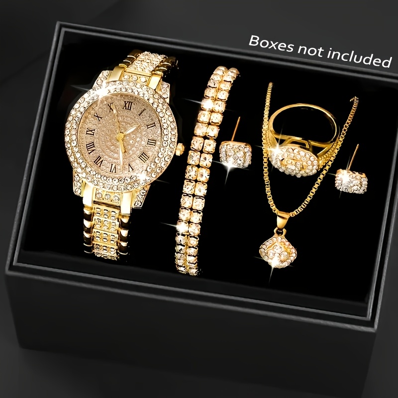 6pcs Luxury Fashion Women Jewelry Sets, Zinc Alloy Quartz Watch with Necklace, Earrings And Bracelet, Roman Numerals, Electronic Movement, Non-Rechargeable Battery - Perfect Gift for Mom