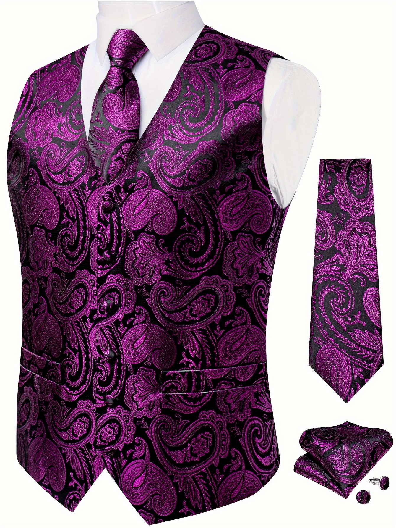 Black Paisley Fashion Vest For Man Wedding Business Luxury Men's Waistcoat Necktie Pocket Square Cufflinks Set