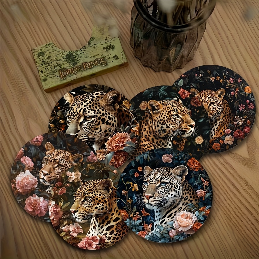 TEMU 6pcs Leopard Print Wooden Coasters Set - Non-slip Drink Coasters, Suitable For Home, Coffee Shops, Afternoon , And Themed Party Decorations