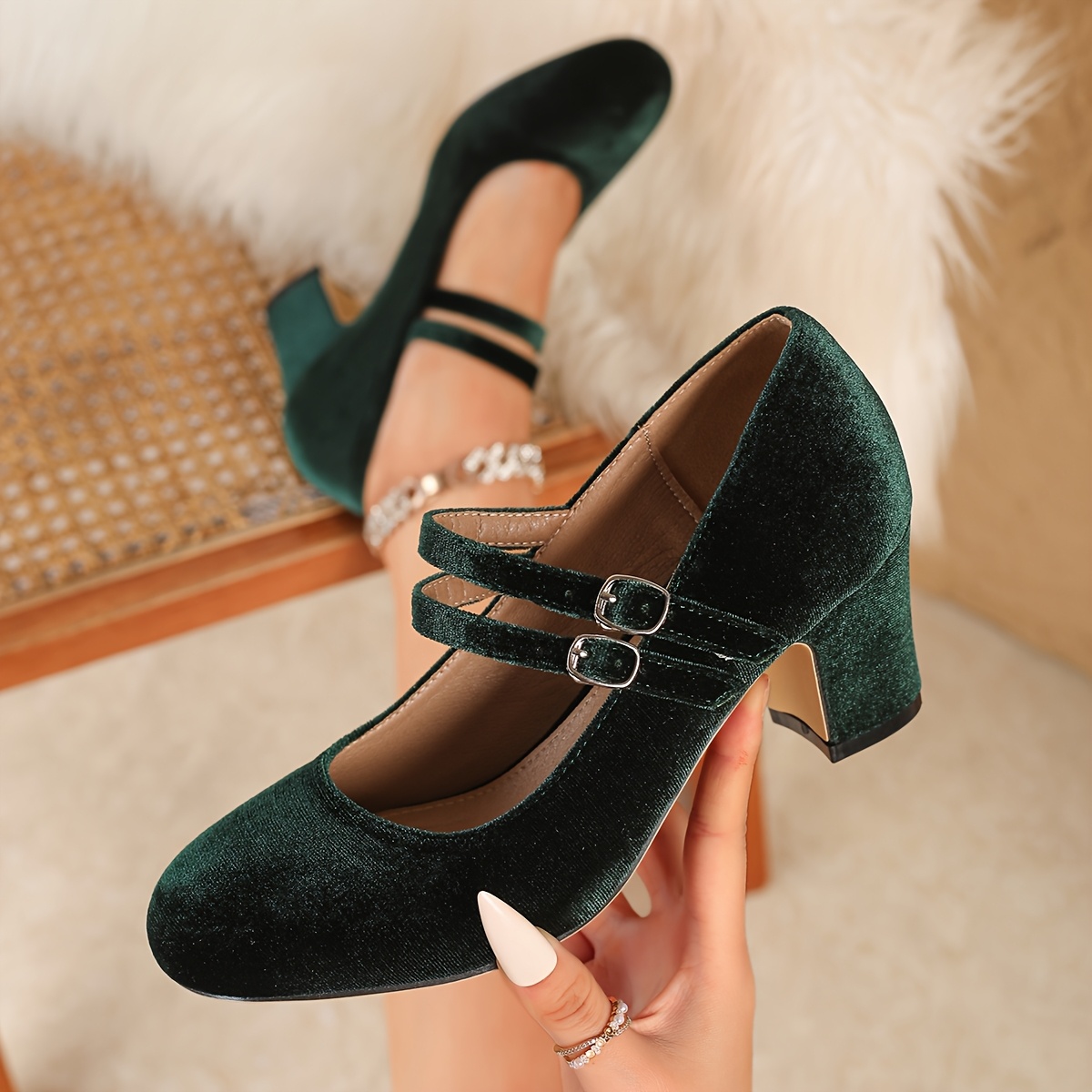 Image of Velvet-look Double Pumps For Women, Trending 2026 Summer New Comfortable Round Toe Block Heel Shoes For Office, Party, Vintage, Preppy Outfits, Women Shoes