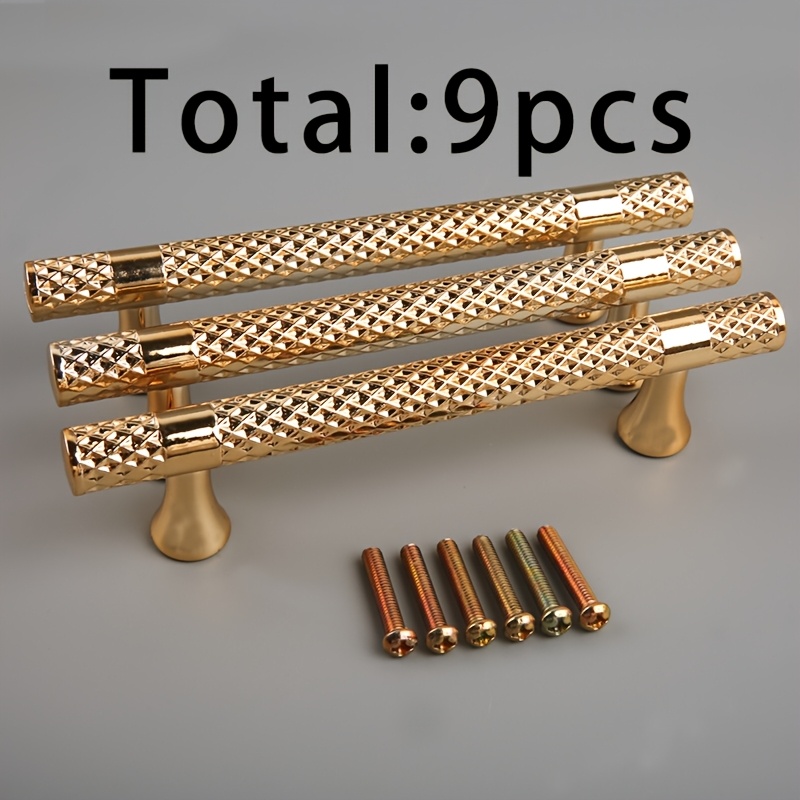 TEMU Lot de 3 poignées de T à grille à motif doré 5114 + lot de 6 vis de poignée 4x22, total de 9 pièces. Poignées longues à texture moletée dorée,
