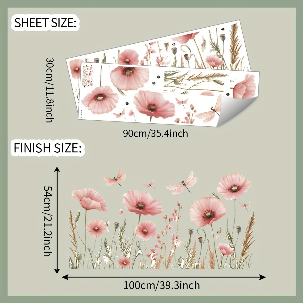 Watercolor Pink Poppy Dragonfly Wall Stickers For Beautifying Bedroom, Living Room, And Hallway Background Walls, 11.8in*35.4in*2pcs