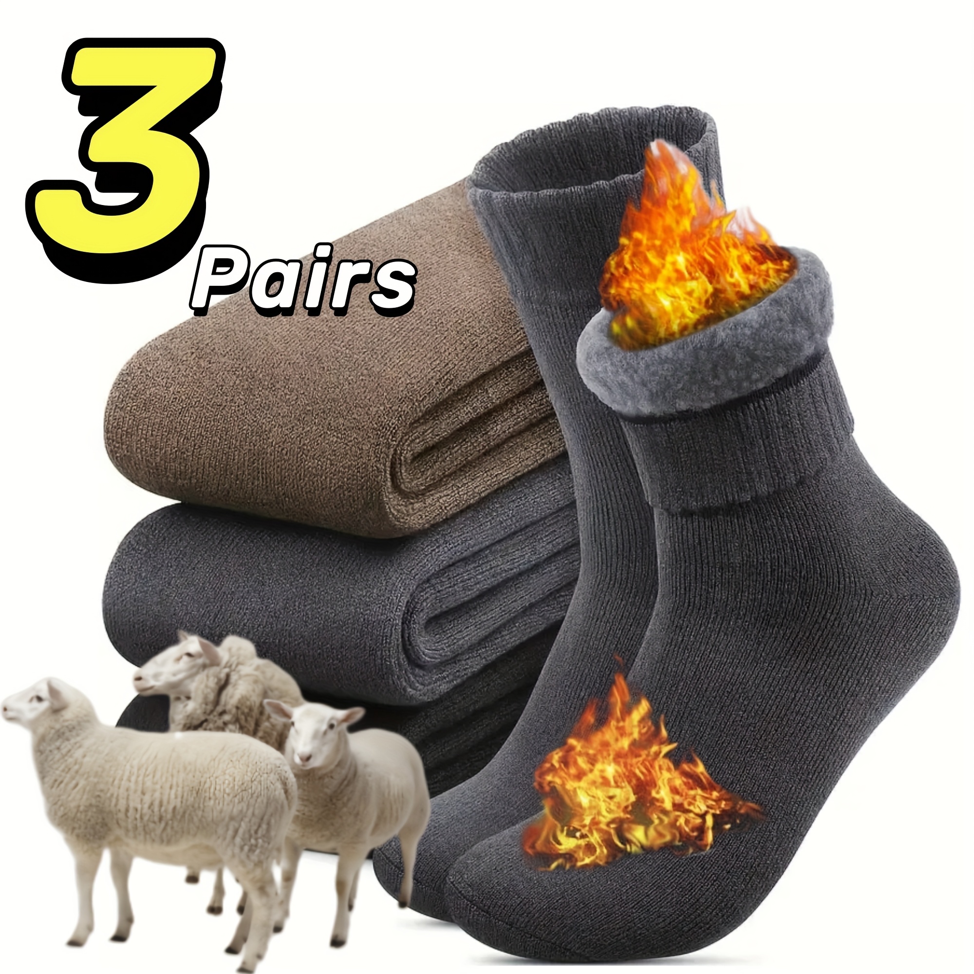 

3-pair Pack Men's Thermal Fleece-lined Socks, 90% Polyester 10% Spandex, Solid Color Knit Fabric, Warm & Soft, Hand Washable, For Hiking Boots