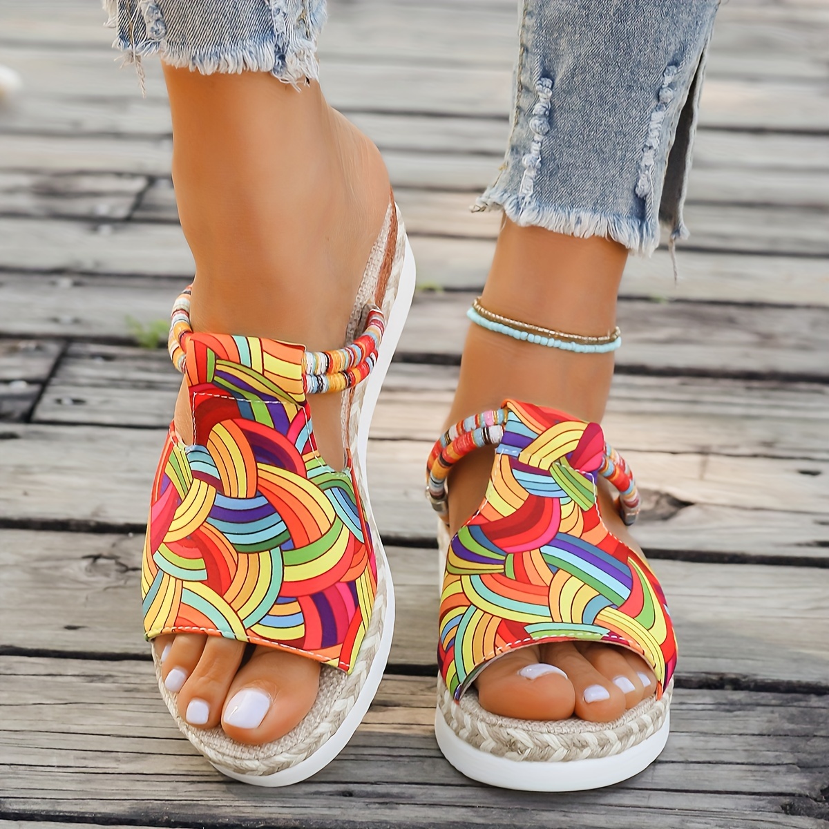 

Women's Colorful Slip On Sandals, Braided Summer Vacation Daily Footwear, Comfort Wedge Vacation Shoes