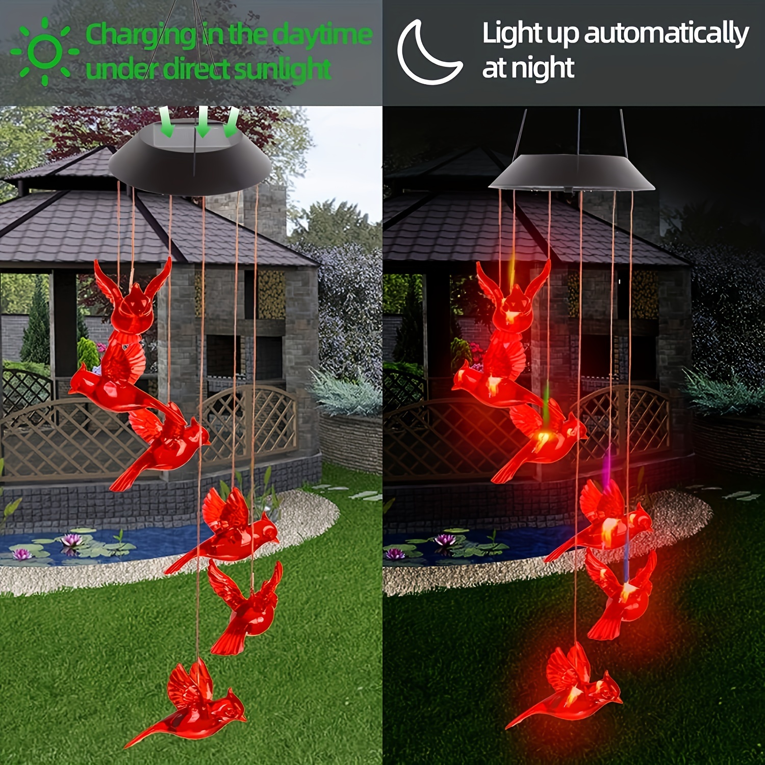 

1pc Solar-powered Red Flame Bird Wind Chime Light, Outdoor Garden Patio Decor Hanging Lamp, Durable Plastic Material