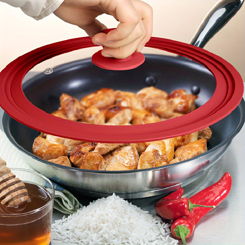 versatile red silicone   glass lid for pots skillets fits 8 to 11 diameters dishwasher safe with non slip knob and heat resistant design details 1