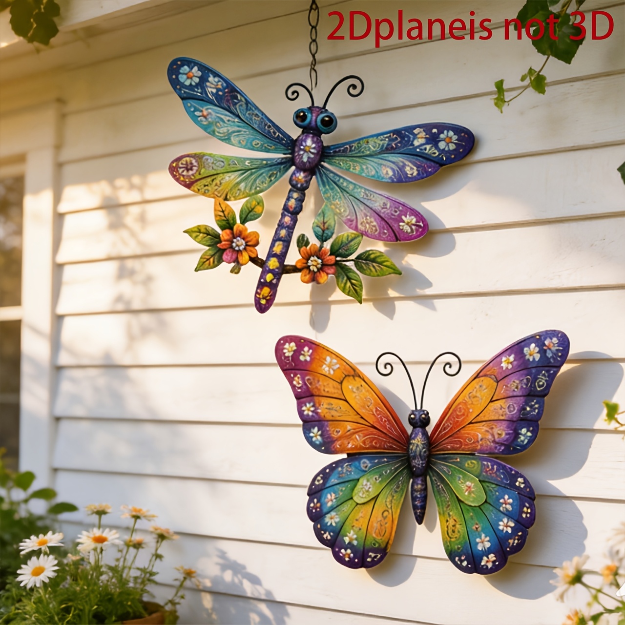 TEMU [2d Flat] 2pcs Set 2d Flat Colored Wrought Iron And Dragonfly Wall Hanging Decor, Gorgeous Wrought Iron Garden And Courtyard Sculpture, Outdoor