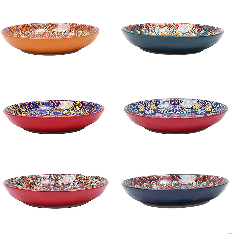 6pcs Pasta Bowls , Ceramic Bohemian Hand-painted Giant Salad Bowl, Style, Non-slip Base, Microwave & Dishwasher & Oven Safe.home Kitchen And Restaurant Use.kitchen Accessories, Valentine's Day Gifts