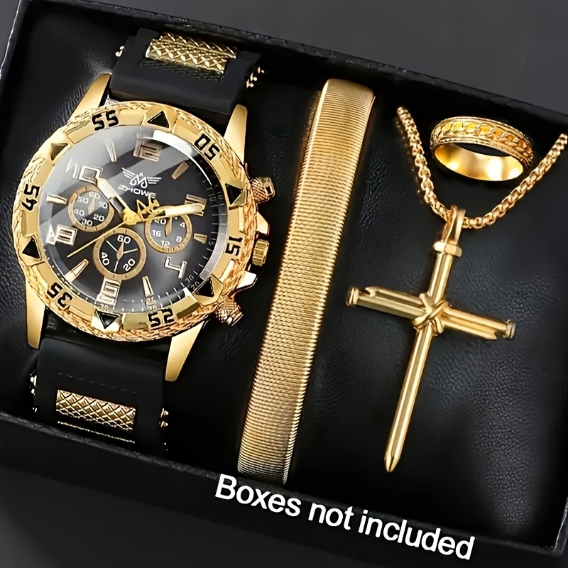 Conjunto de 1 Reloj de Cuarzo de Silicona para Hombre y 1 Pulsera, Anillo y Collar, Cómodo de Usar, Elección de Regalo, Empaque en Caja Negra