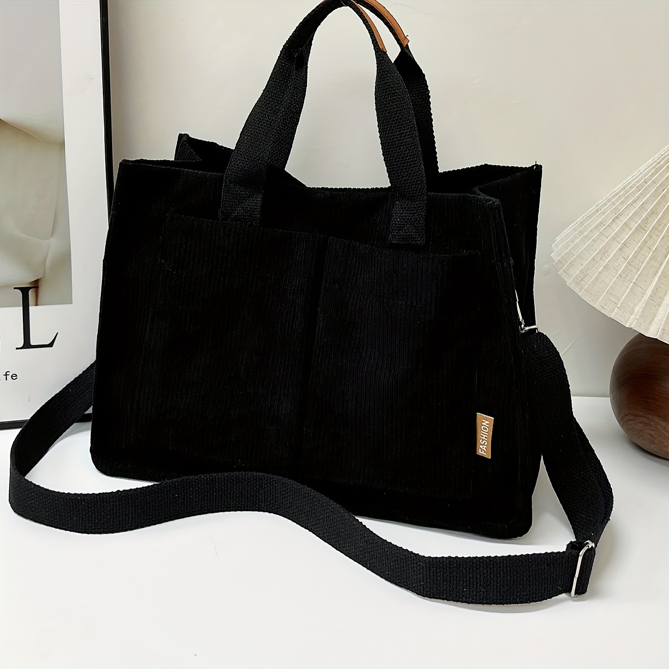 

Large Capacity Chic Women's Tote Bag - Solid Color Black Corduroy Shoulder & Crossbody With Magnetic Closure, Polyester Lined, Ideal For Work And Use, Cute Crossbody Bag