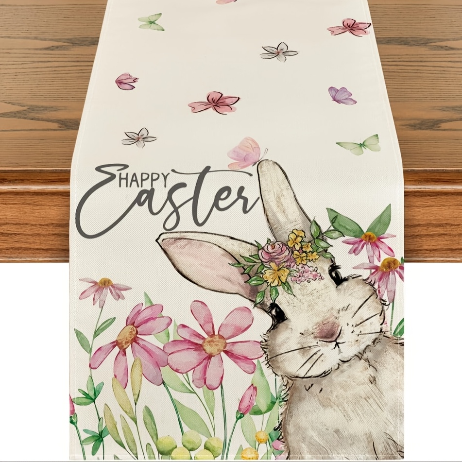 

1pc Easter Bunny Rabbit Table Runner, Polyester Woven Rectangular Spring , Home Party Dining Decor