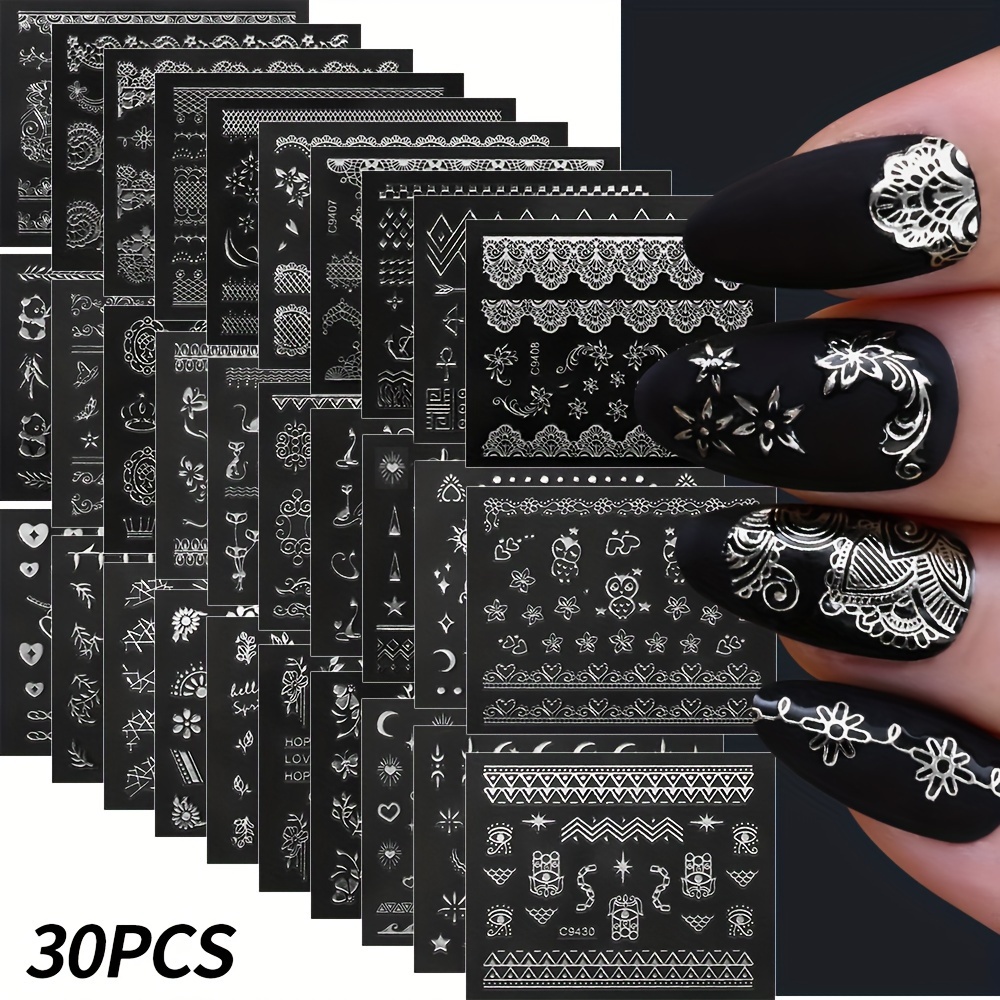 

30pcs Nail Art Stickers, Resin Self-adhesive Decals With Glitter , Geometric & Space Themed, Irregular Shapes, Shimmery Moon Patterns For Manicure Polish Decoration, Single Use