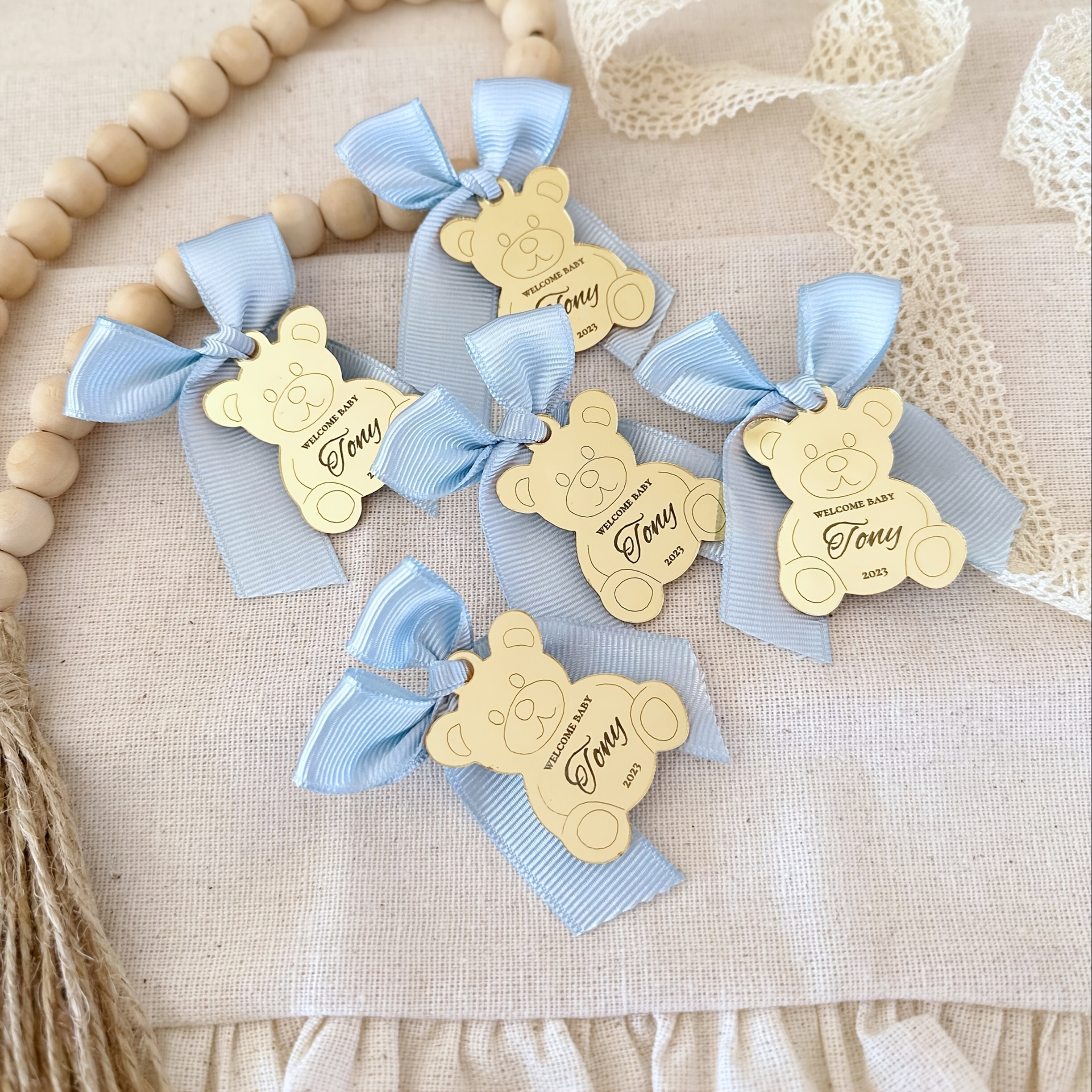 TEMU Teddy Bear Tag, Custom Acrylic Mirror Teddy Bear Tag, Personalized Gift Label, Children's Christening Name Tag, Christening Name Tag, Favor Name