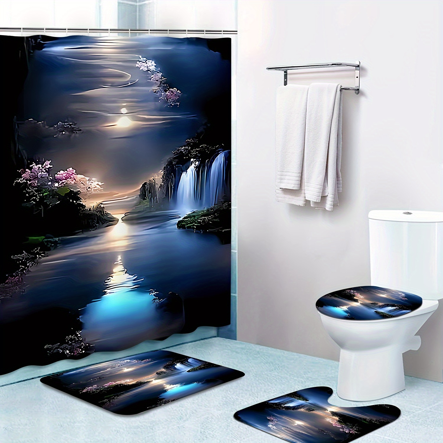 

1/4pcs Moonlit Waterfall Print Shower Curtain Set, Shower Curtain With 12 Hooks, Non-slip Bathroom Rug, Toilet U-shape Mat, Toilet Lid Cover Pad, Bathroom Decor, Shower Curtain Sets For Bathrooms