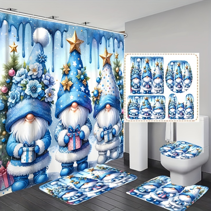 

Christmas Themed Blue Bathroom Set With Machine Washable Polyester Bath Accessory - Includes Washable Weave Hooks, Fashionable Pattern, Non-animal Woven Fabric - 1pc/3pcs/4pcs Options