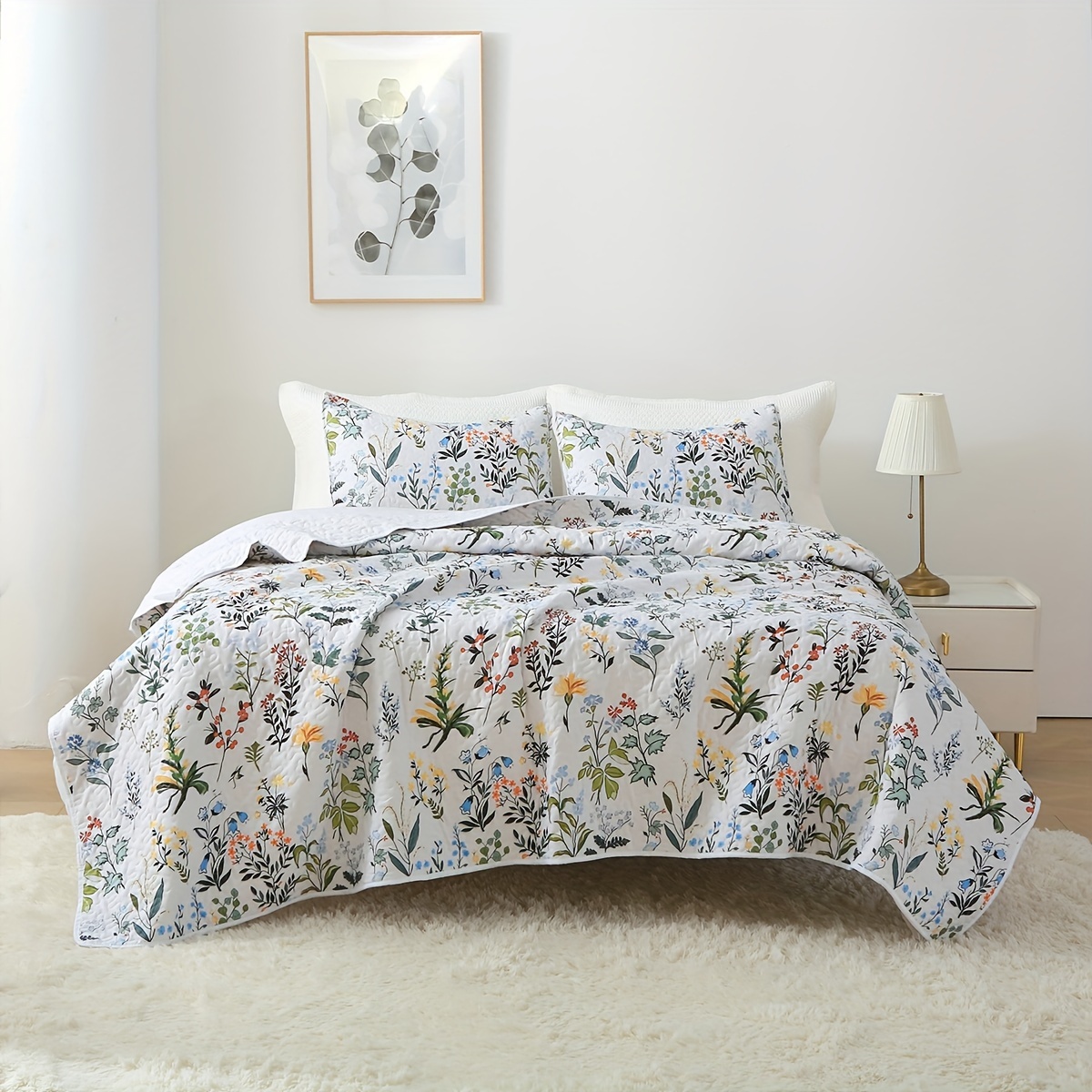 

Queen/king Size Bed Quilt Botanical Bed Cover Bedding Set - Summer Hand Botanical Pattern Quilt Lightweight Bed Cover - Reversible Bedding Cover For All - 3 Piece Set (1 Quilt, 2 Pillowcases