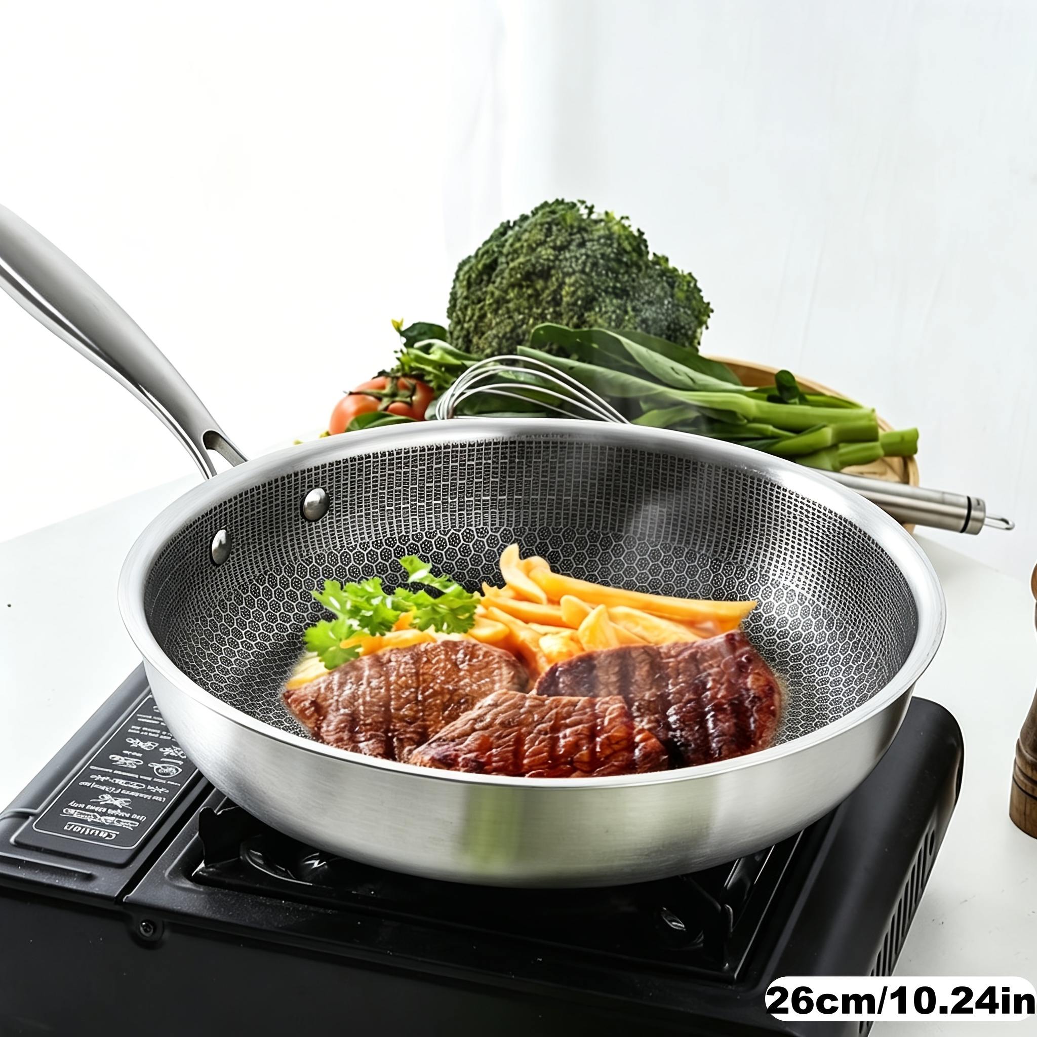 13.4/10.24/9.45-inch Stainless Steel Frying Pan, Suitable For Induction Cookers, , Gas Stoves And All Types Of Cookers. Safe For Dishwashers, With Rapid Heat Conduction, Heat Resistance, Durability