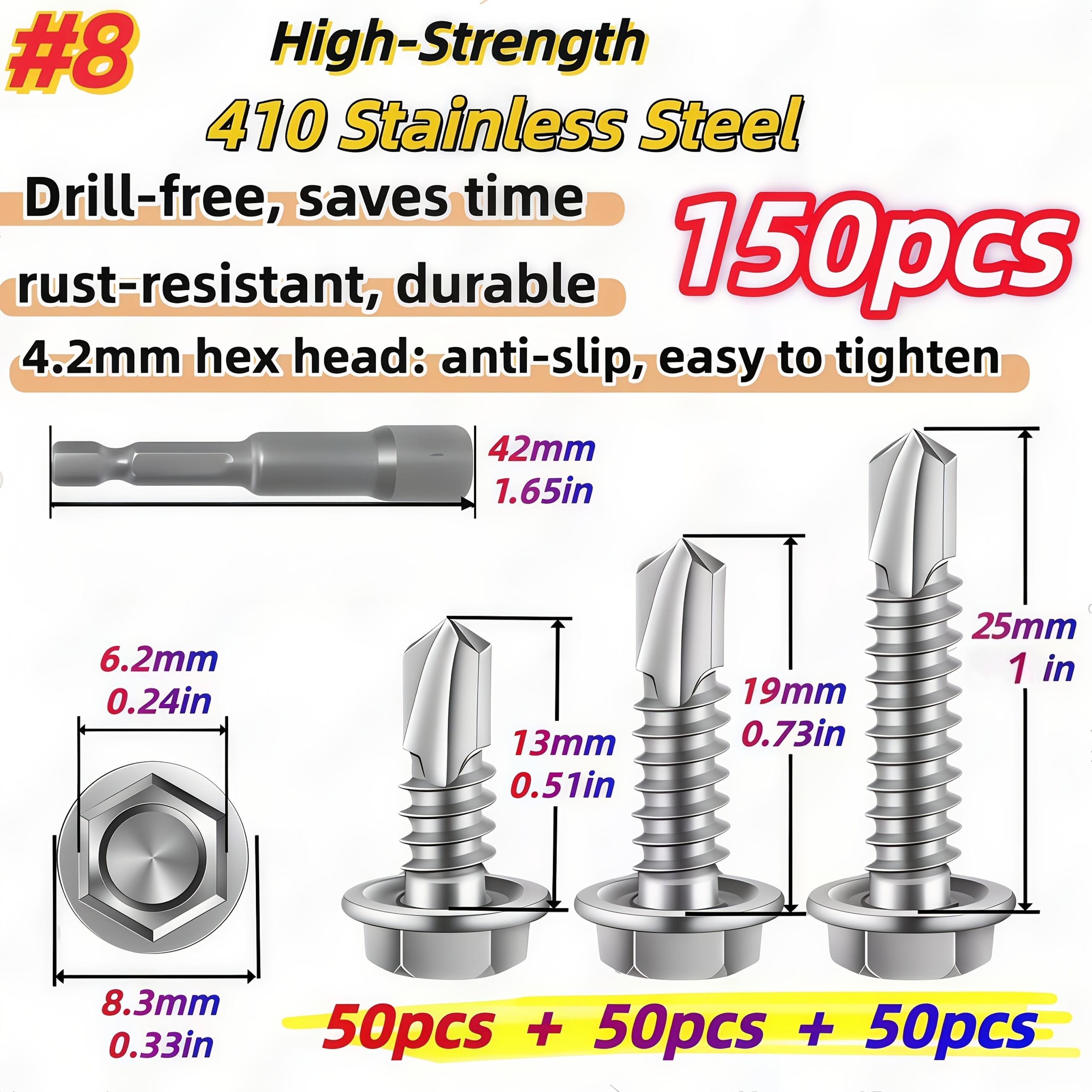 TEMU Lot de 150 vis à tête bombée hexagonale ronde pour tôle, 4,2 mm, acier inoxydable 410 TEK Fasteners, adaptées au bricolage, 13 mm-25 mm de 1/2 à