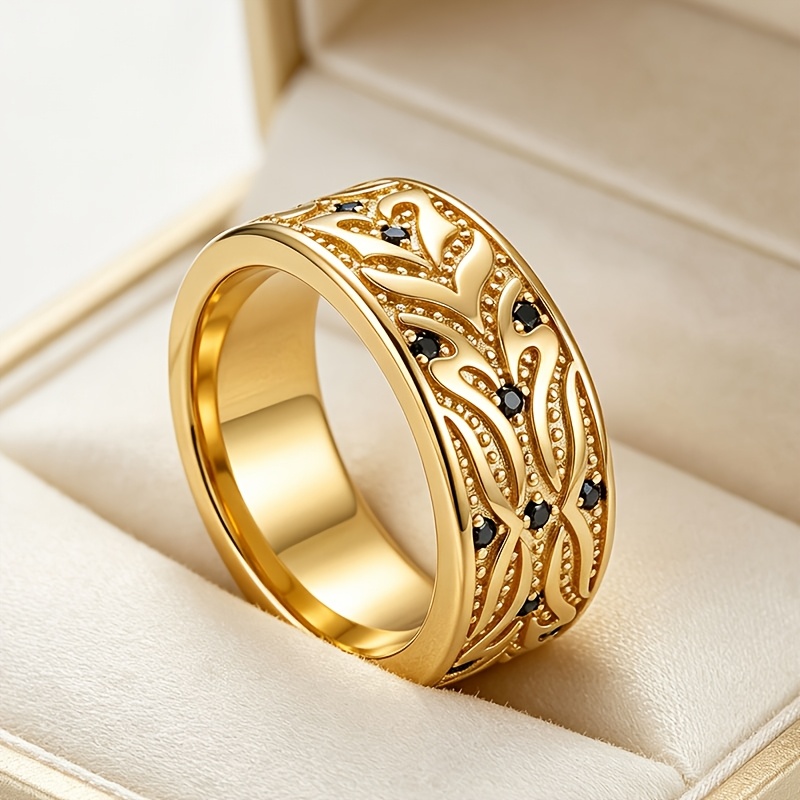 Men's Vintage Totem Engraved Wide Band Ring with Black Zirconia