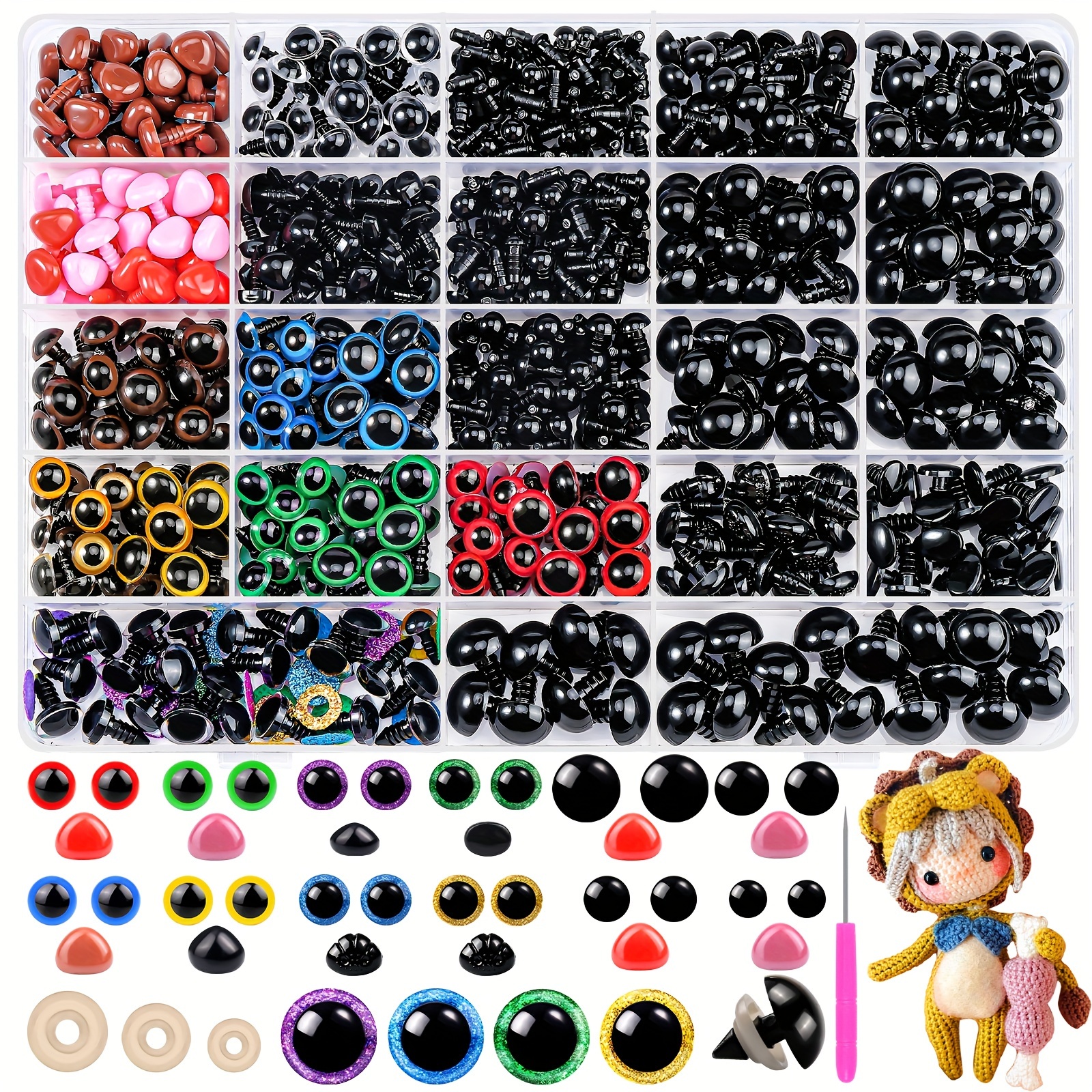 

1000pcs Poupées Crochetées Noires Yeux et Nez Colorés, Coussinets de Sécurité en Plastique en , Yeux de Faits , DIY, Yeux de Sécurité Amigurumi, 1200pcs Tailles Variées de Yeux de Coussinets