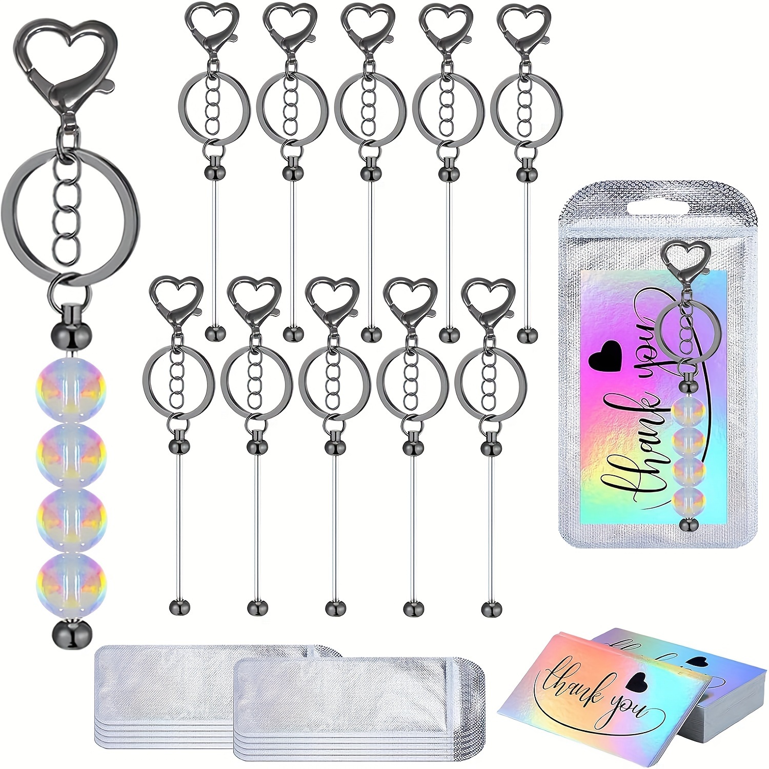 

30pcs Diy Keychain Making Kit With Charms, Blank Beading Rods, Thank You Cards & Packaging Bag - Iron Craft Jewelry Set